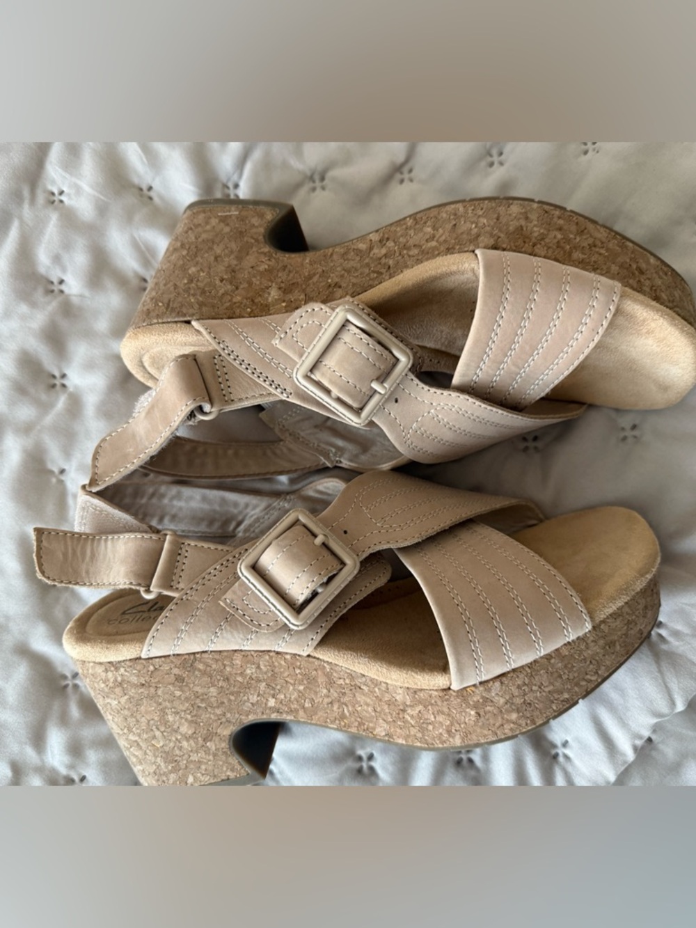 Clarks Beige Cork Wedge Sandals with Buckle